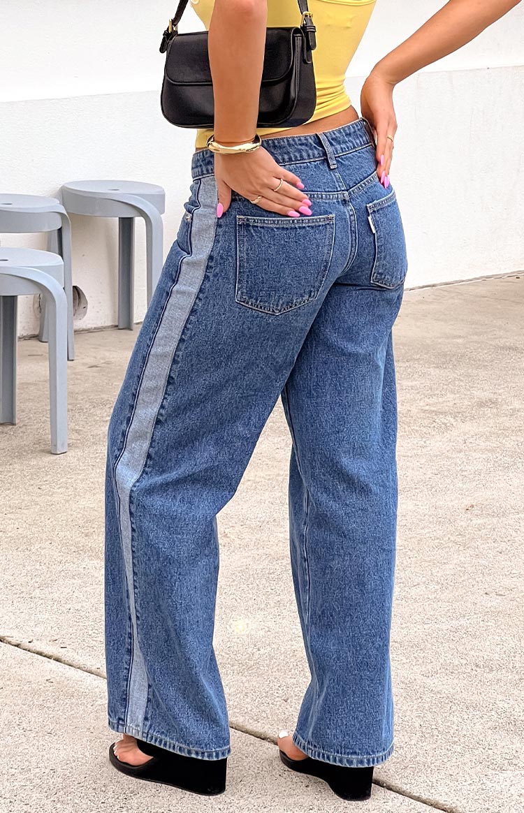 Roonie Contrast Stripe Mid Wash Denim Low Rise Jeans
