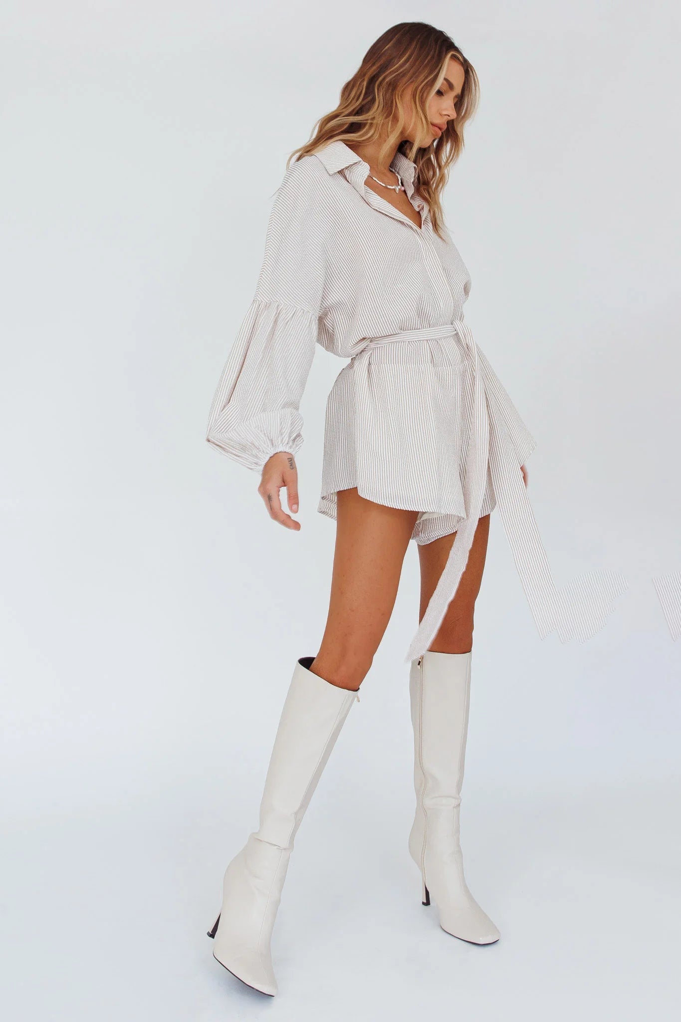 Daytona Beach Long Sleeve Shirt Romper Beige Stripe