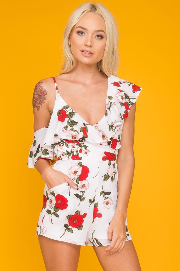 Daleyza Ruffled Floral Romper White & Red