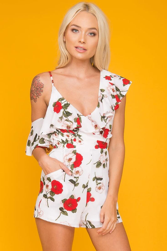 Daleyza Ruffled Floral Romper White & Red