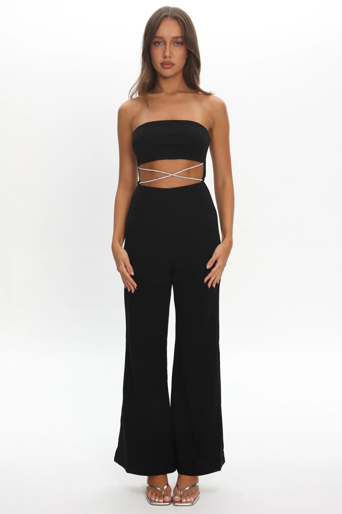 Nohemi Strapless Diamante Jumpsuit Black