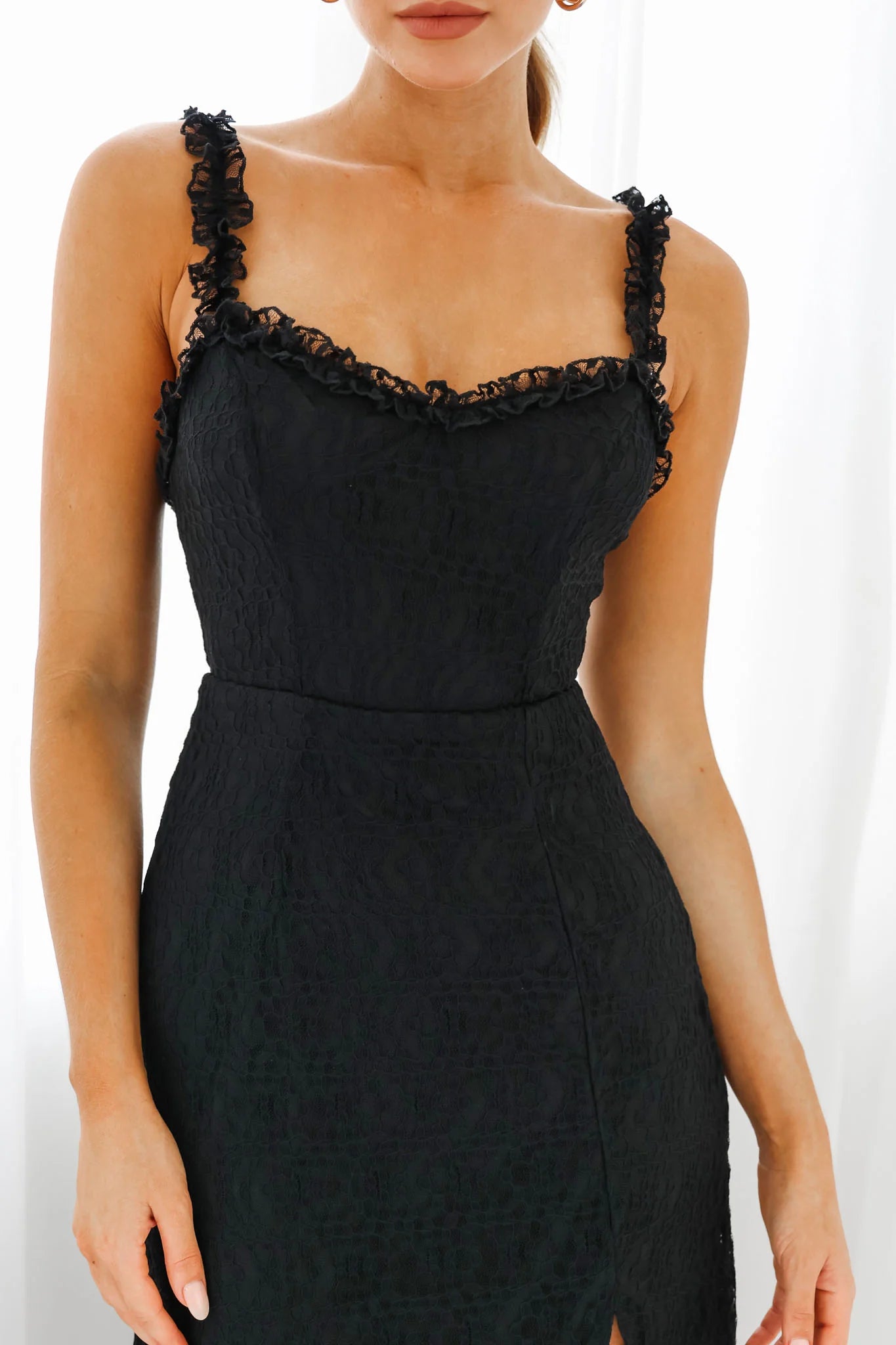 Isadora Mesh Overlay Frill Trim Neckline Midi Dress Black