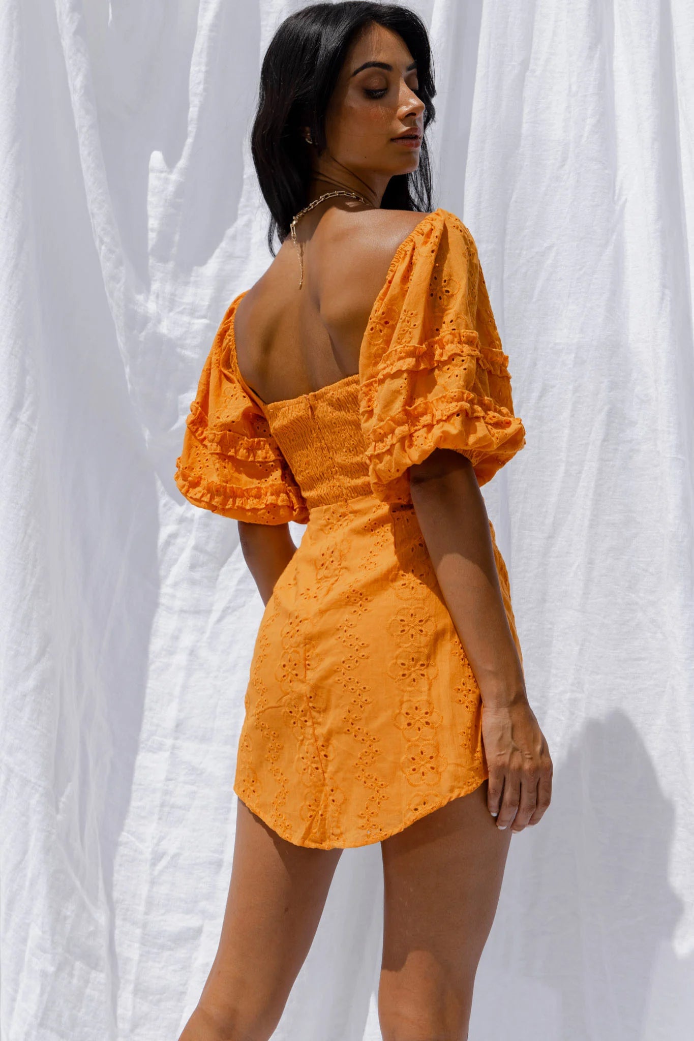 Sweet Romance Puff Sleeve Eyelet Mini Dress Sunset