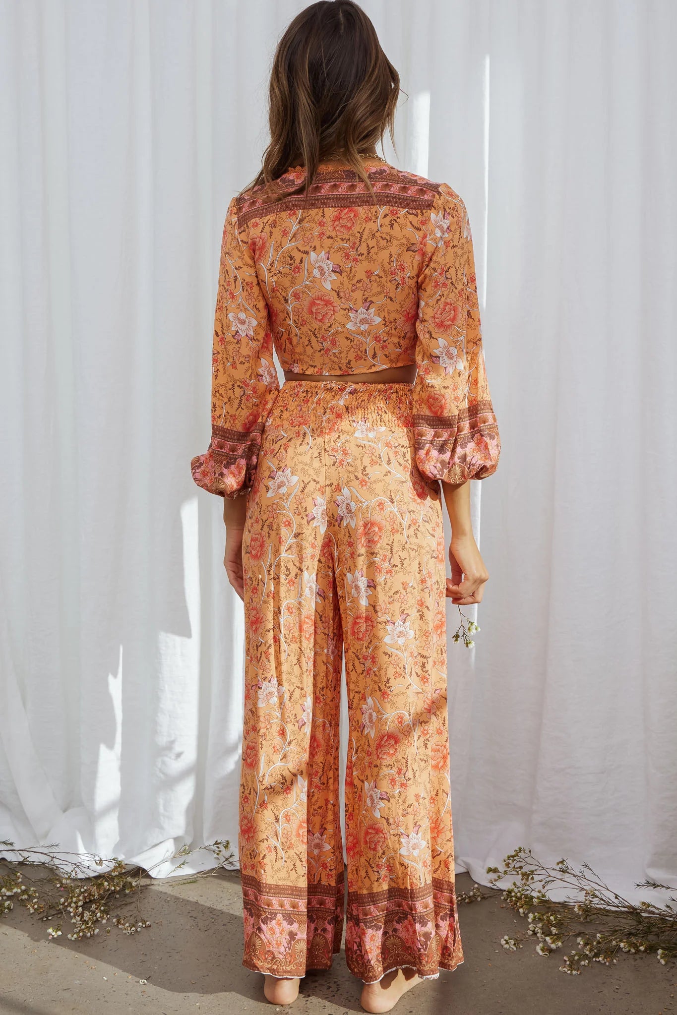 Novo Long Sleeve Tied Front Crop Top Bohemian Print Orange