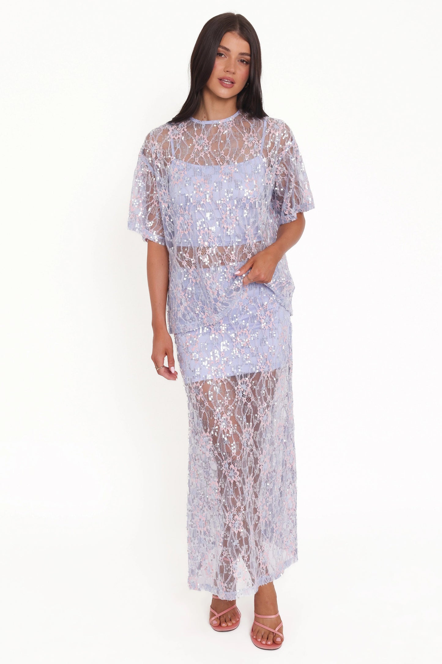 Yonder Sheer Panel Lace Maxi Skirt - Purple