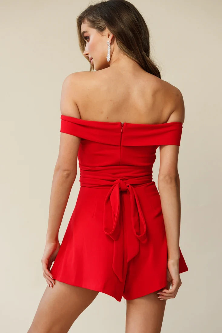 Crossroads Bardot Neckline Wrap Torso Romper Red