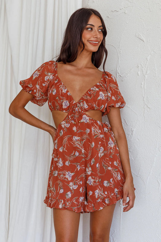 Fancy Free Cut-Out Waist Romper Floral Rose