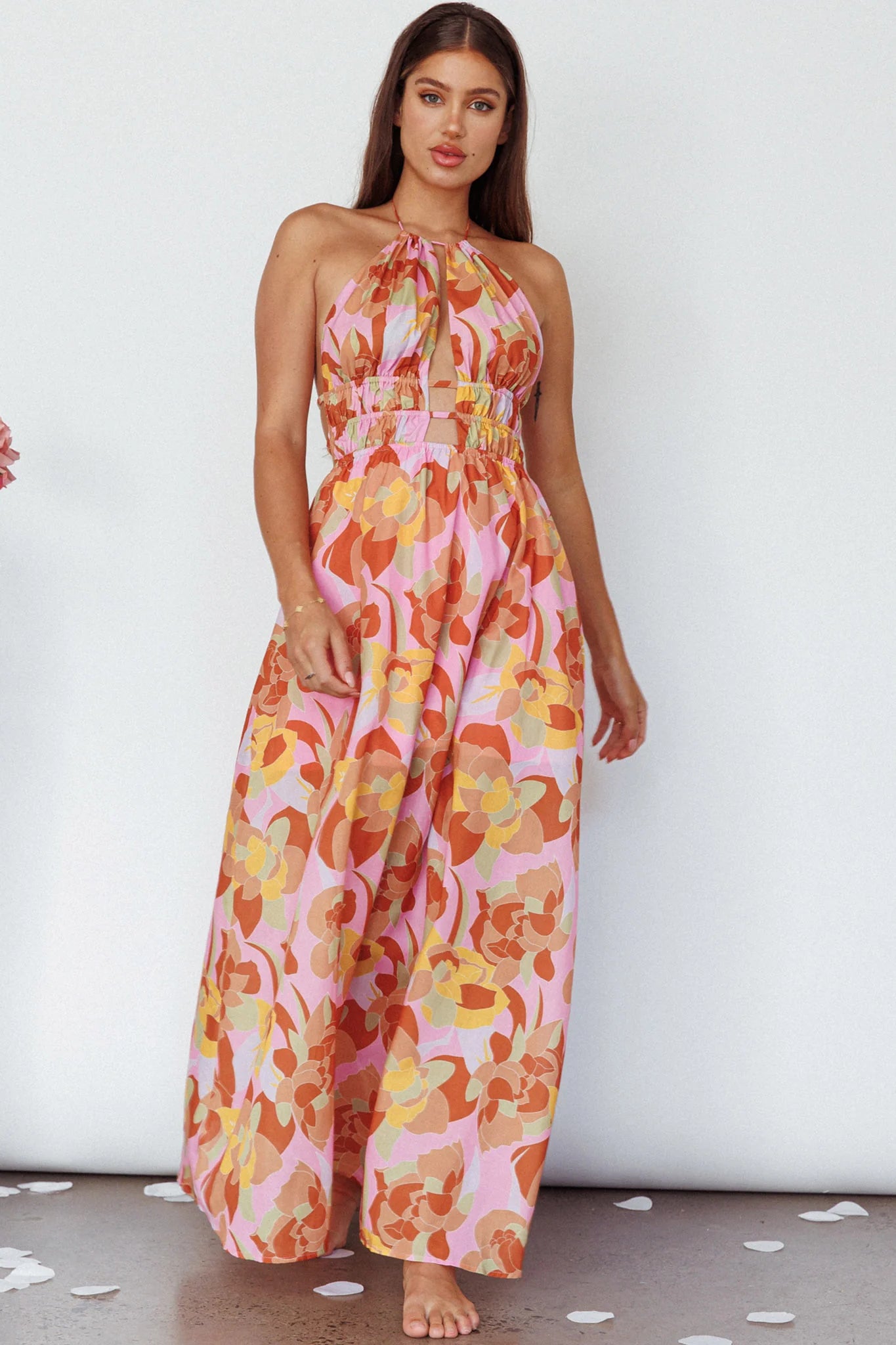 Cyndi Open Back Halterneck Maxi Dress Pink Multi