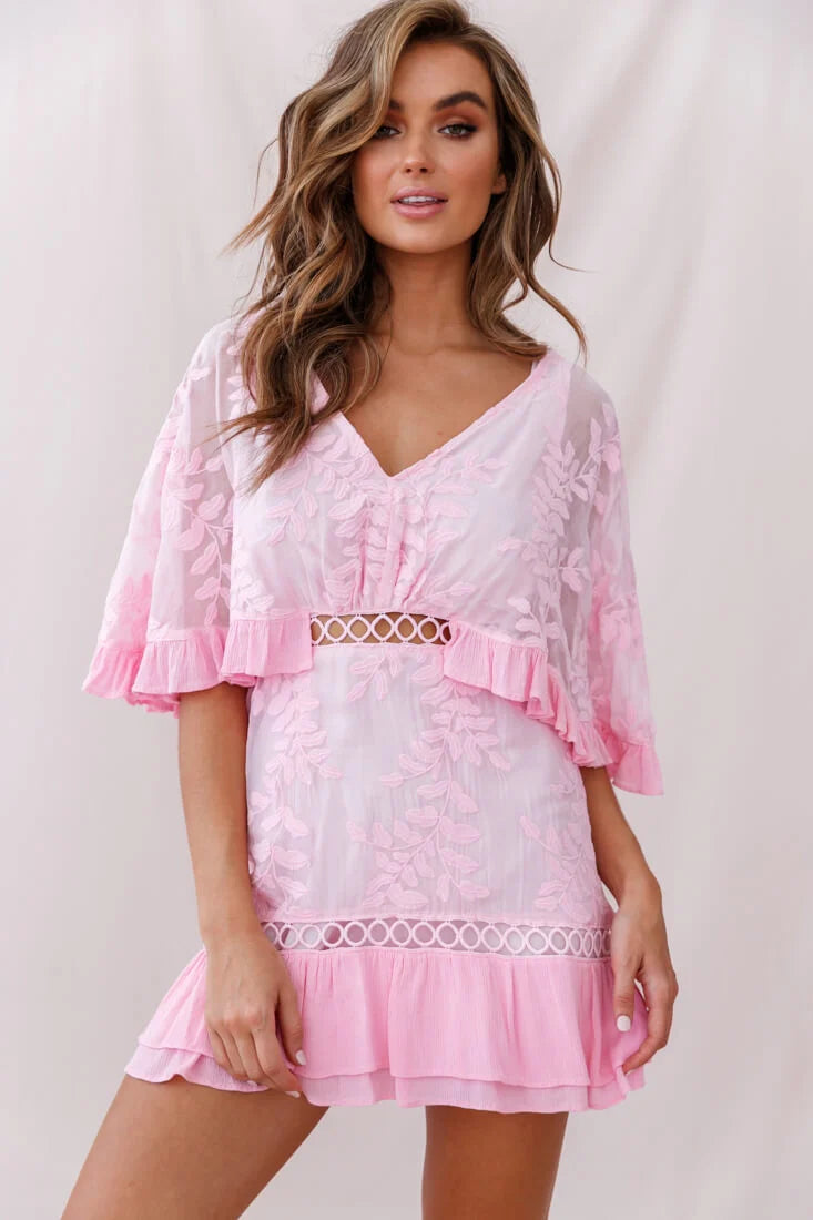Caspar Leafy Embroidered Dress Baby Pink
