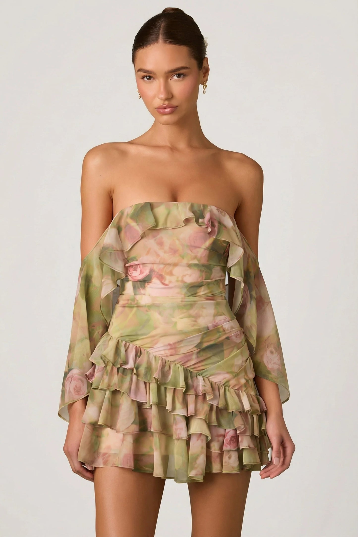 Off-Shoulder Ruffled Mini Dress in Floral Multi Print