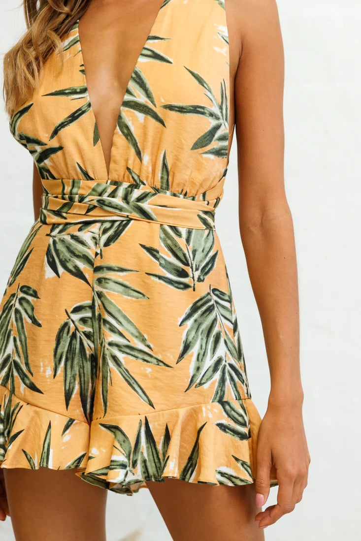 Playa Vista Halterneck Frill Hem Romper Palm Print Sunset