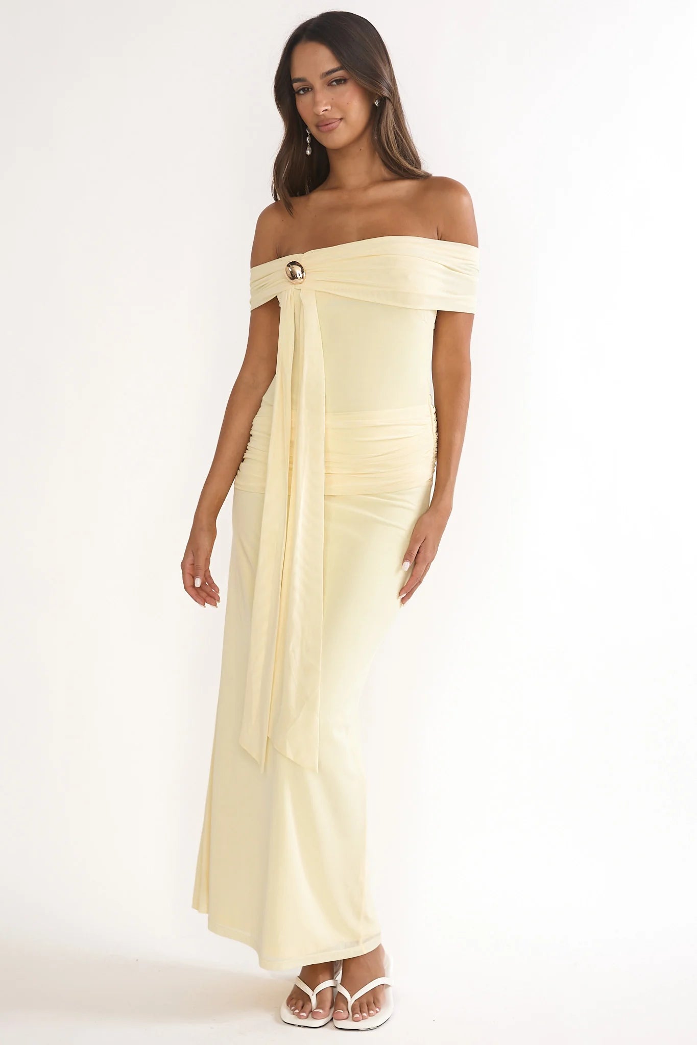Evanthe Off-Shoulder Sash Maxi Dress Lemon