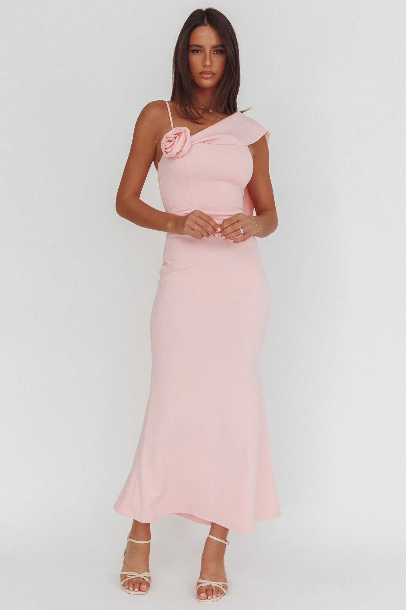 Sugar High Asymmetric Shoulder Drape Maxi Dress Pink