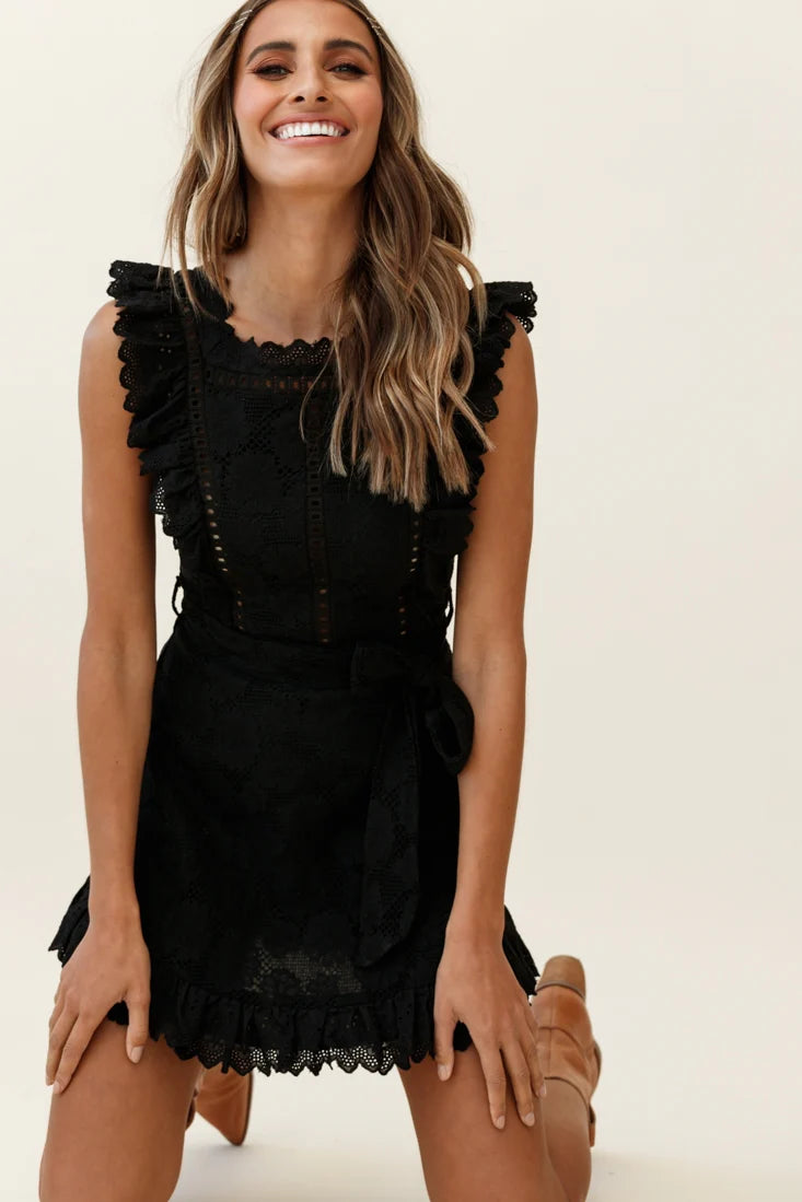 Prairie Crochet Frill Dress Black