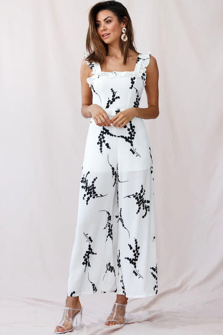 Azure Frill Strap Wide Leg Jumpsuit Floral Print White
