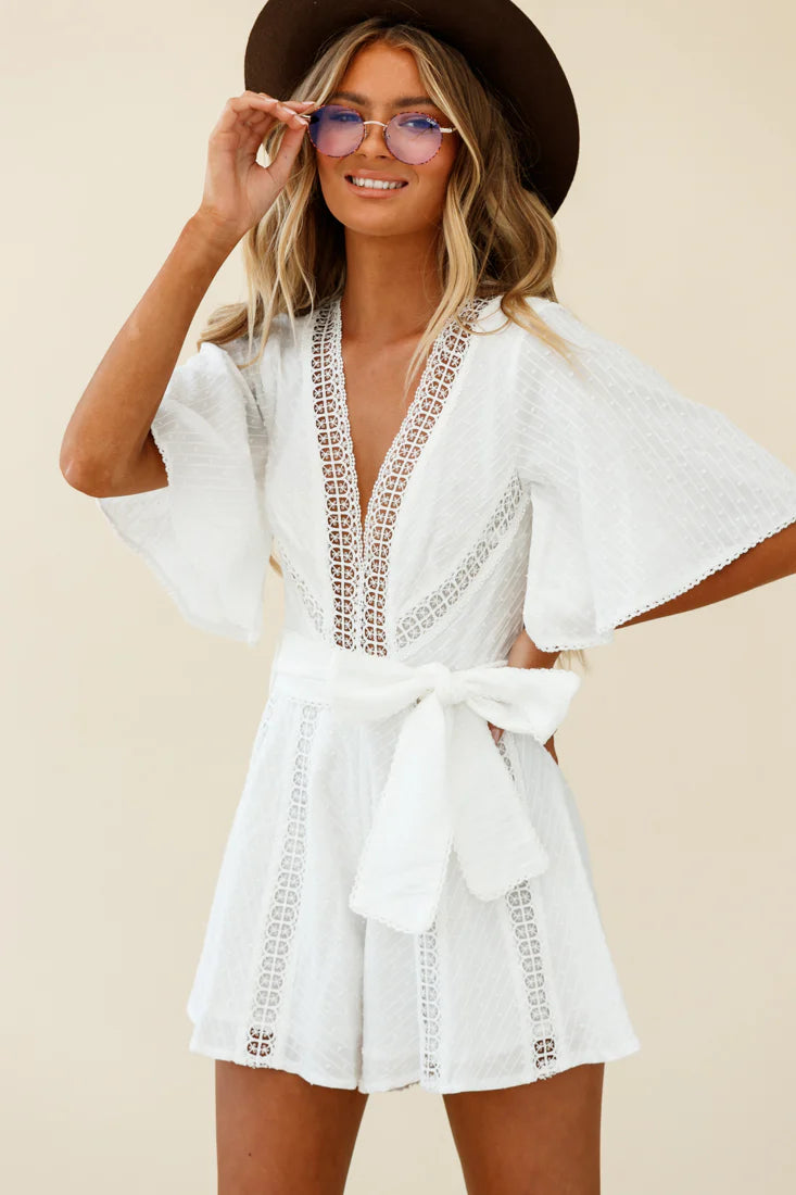 Revival Bell Sleeve Crochet Insert Romper White