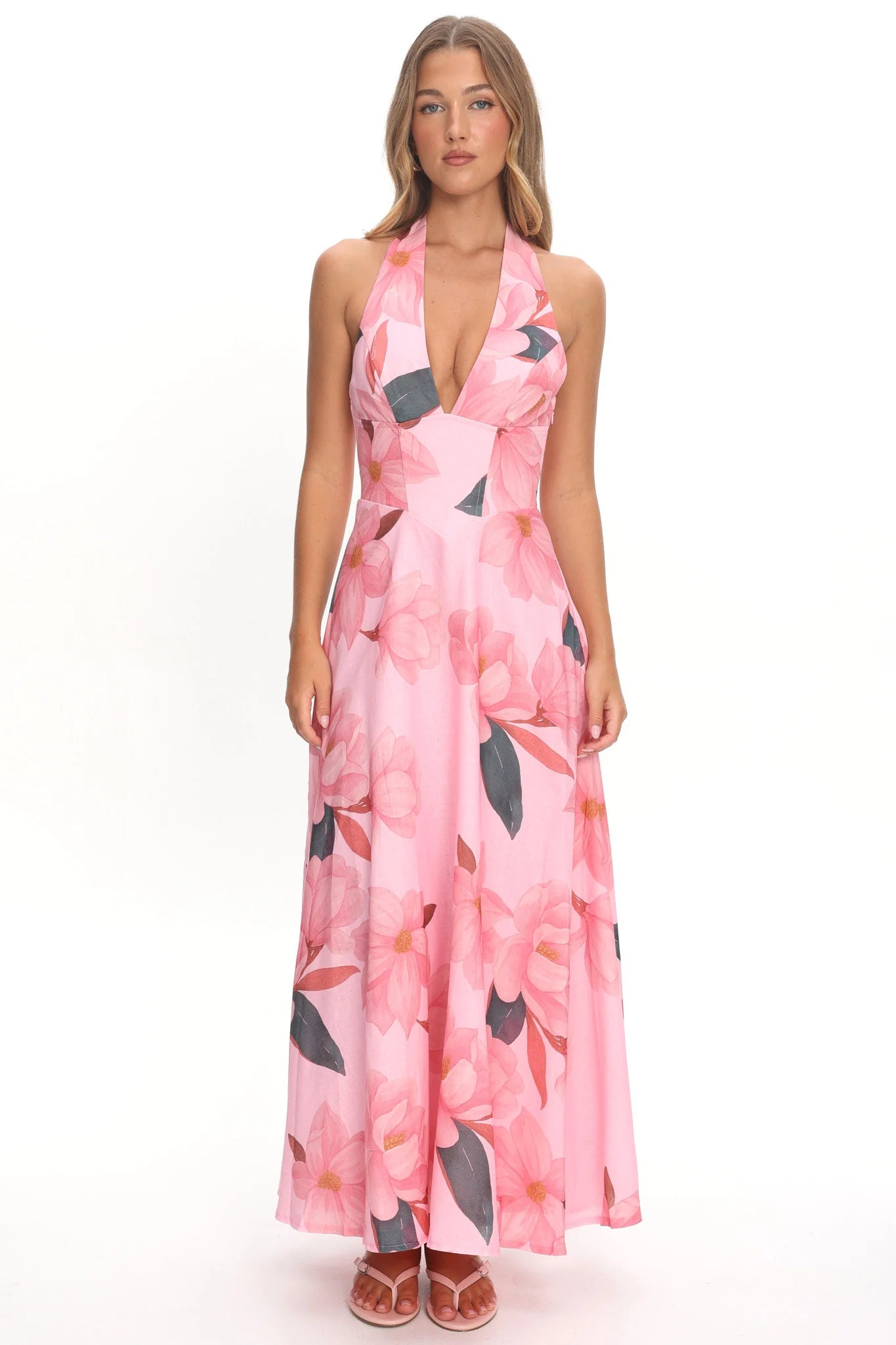Riga Halterneck Maxi Dress Floral Pink