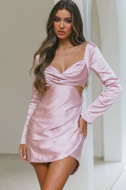 Shaken Not Stirred Cut-Out Waist Long Sleeve Pleat Mini Dress Blush