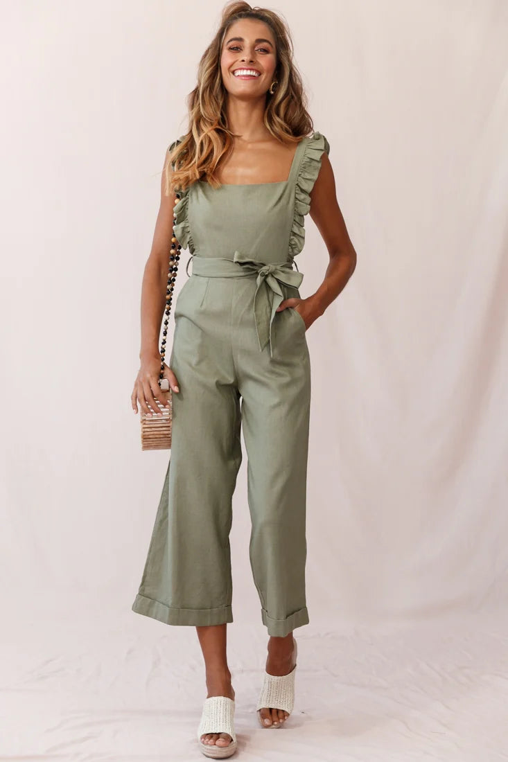 Serenade Ruffle Strap Pinafore Jumpsuit Olive