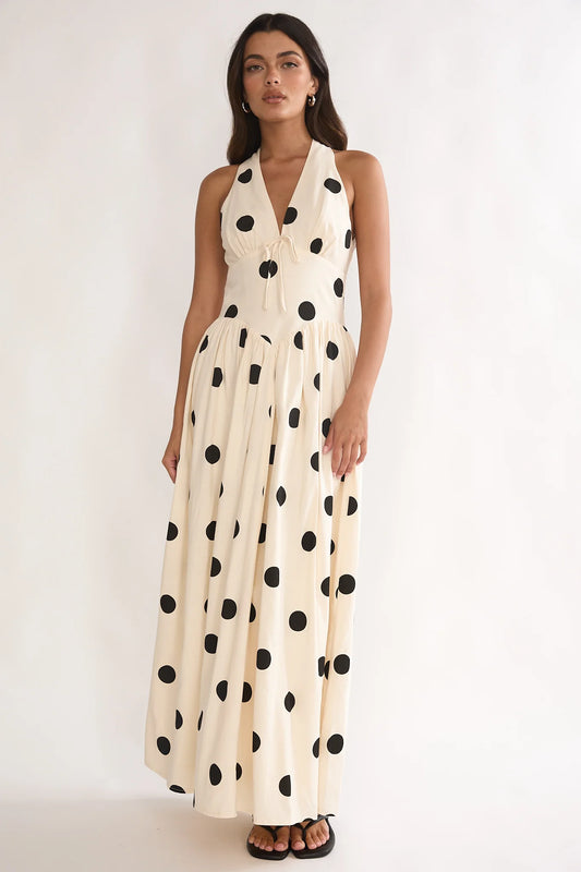 Sundrenched Halter Maxi Dress Polka Dot Beige