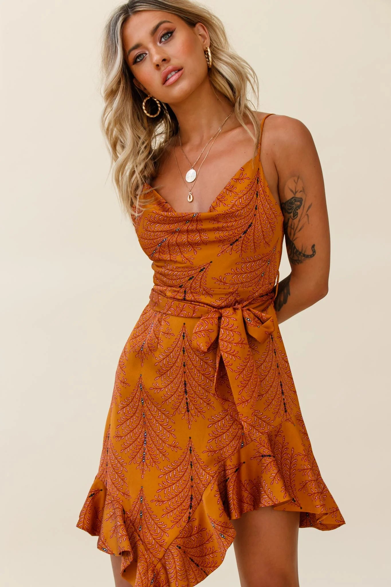 On The Prowl Cowl Neck Asymmetrical Hem Dress Leaf Print Tan