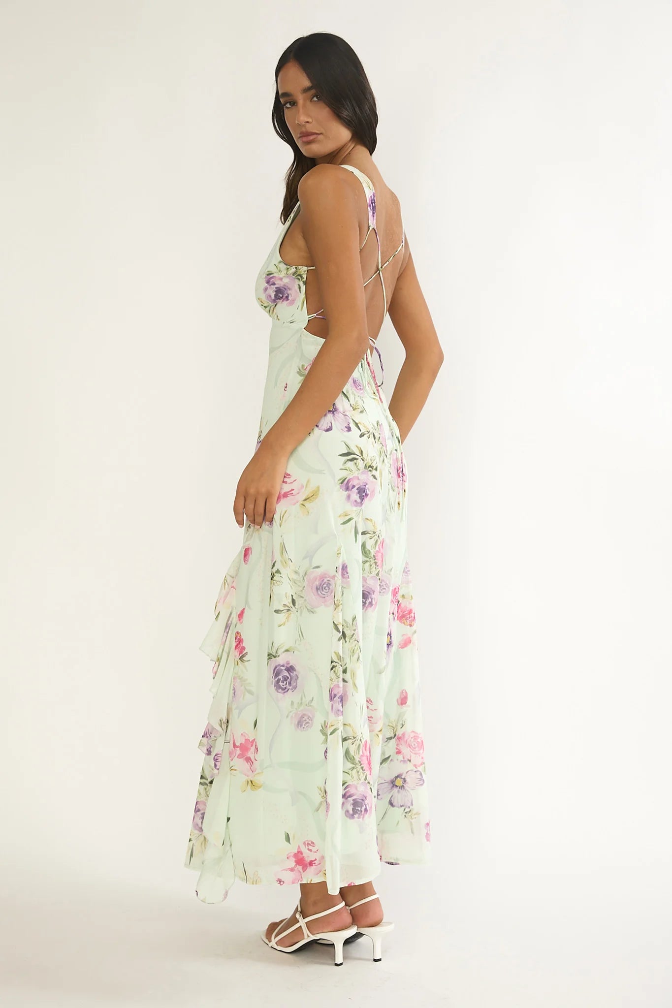 Elenya Strappy Back Ruffle Trim Maxi Dress Mint Floral
