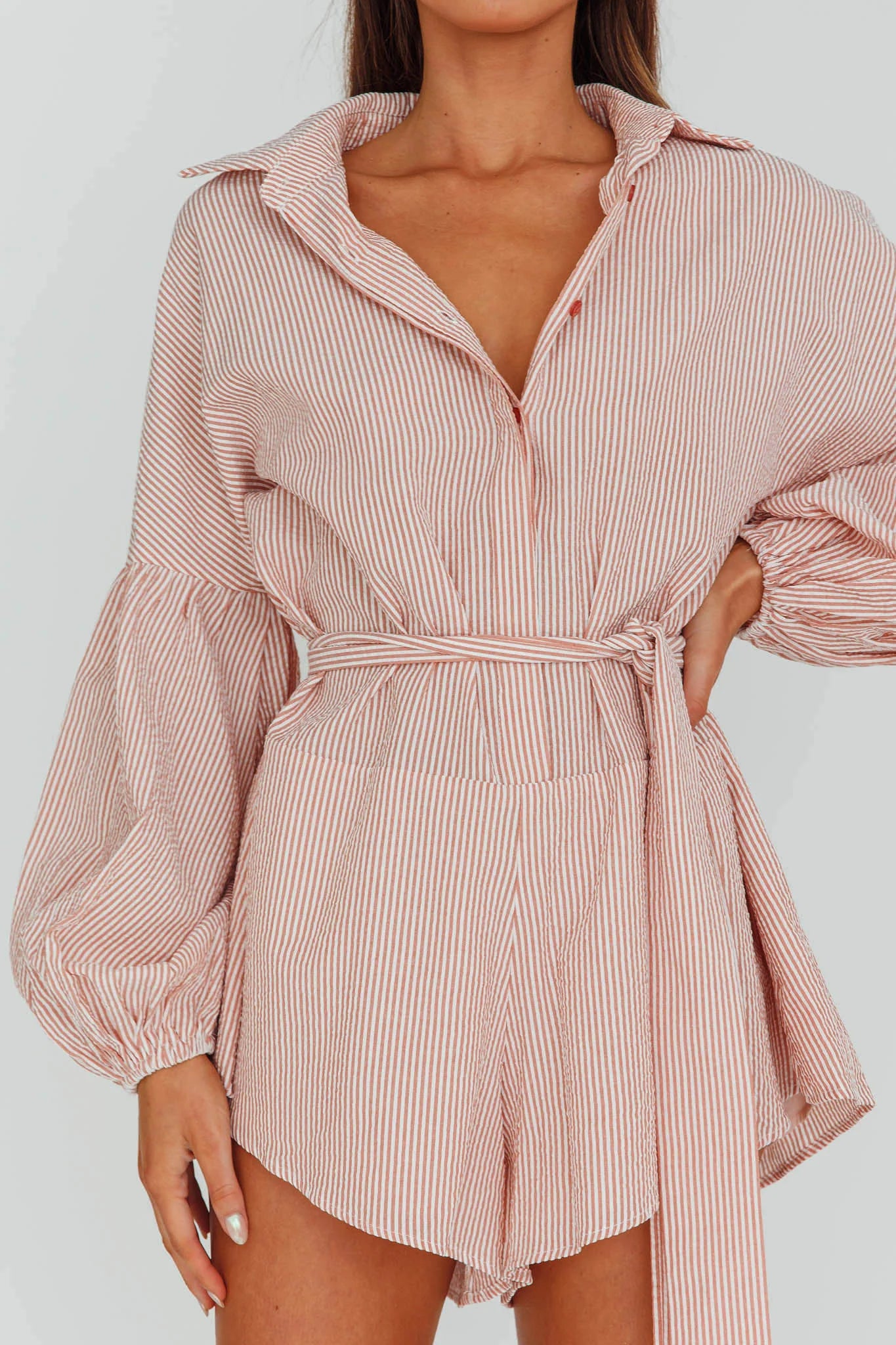 Daytona Beach Long Sleeve Shirt Romper Terracotta Stripe