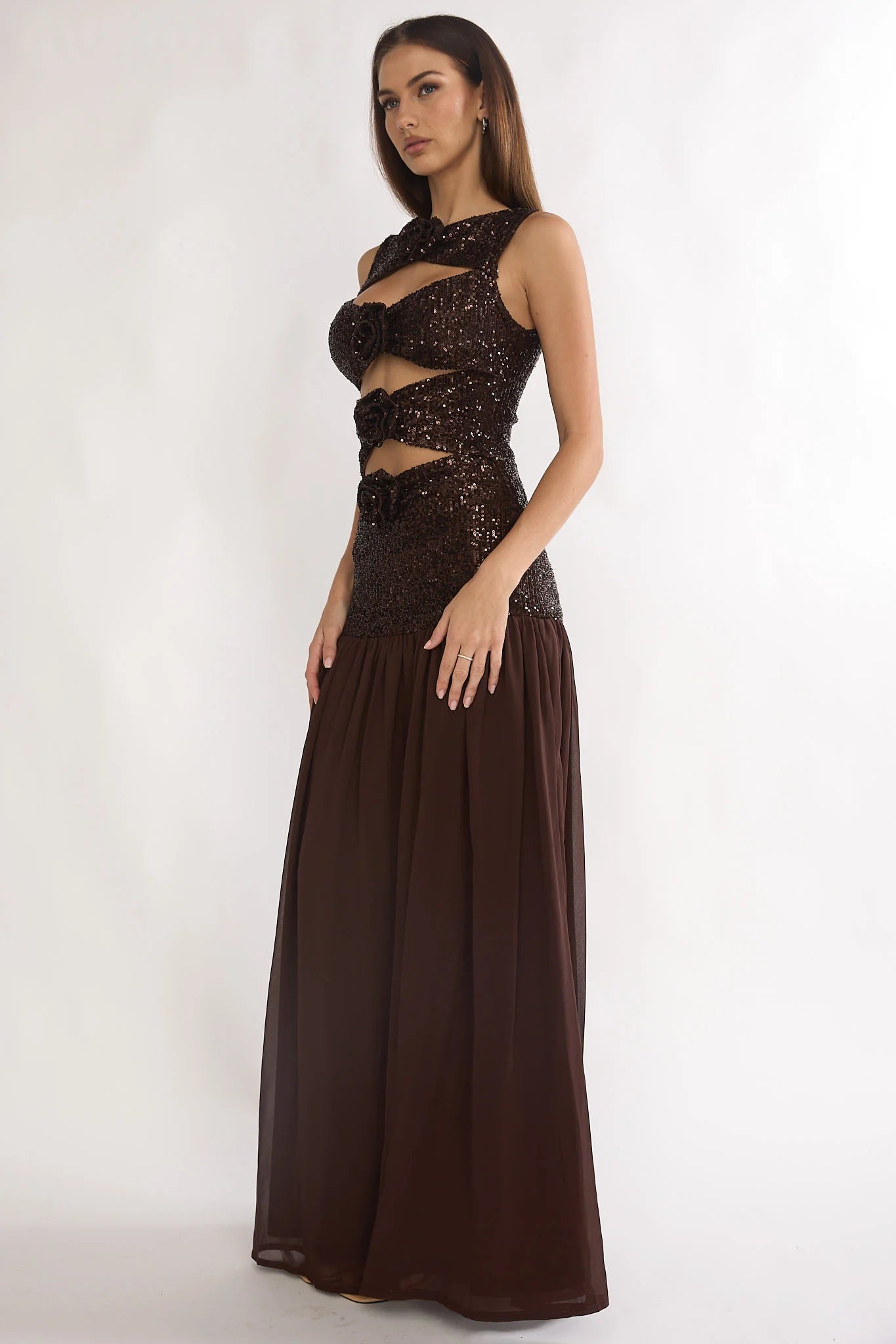 Dioris Rosette Cut-Out Sequin Maxi Dress Sequin Choco