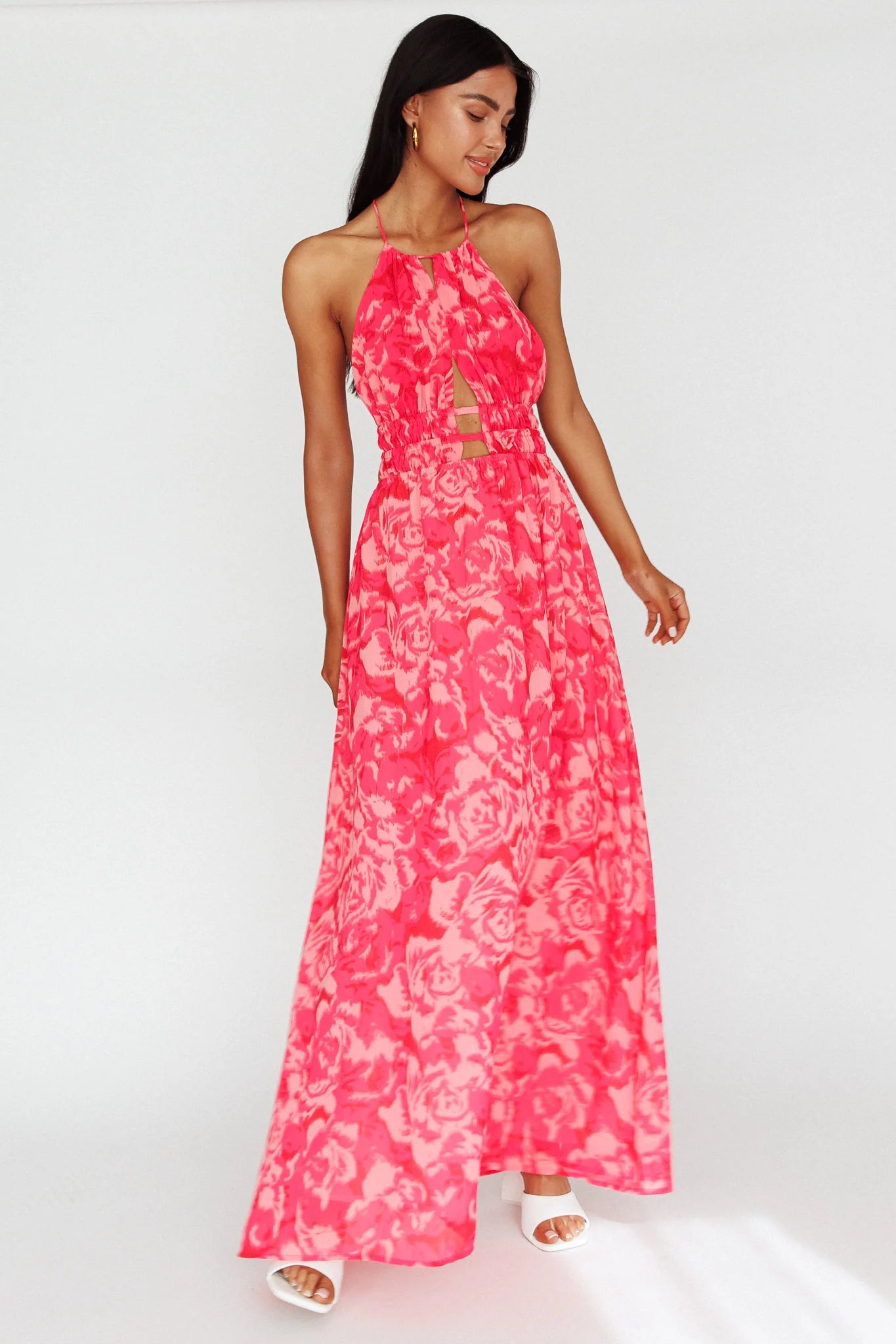 Cyndi Open Back Halterneck Maxi Dress Floral Pink