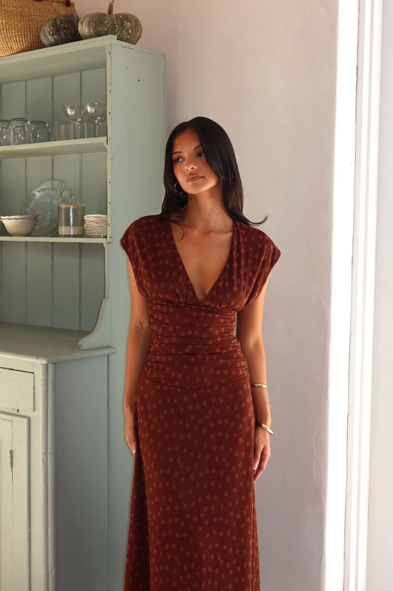 Novia Ruched Bodice Maxi Dress Embroidered Chocolate