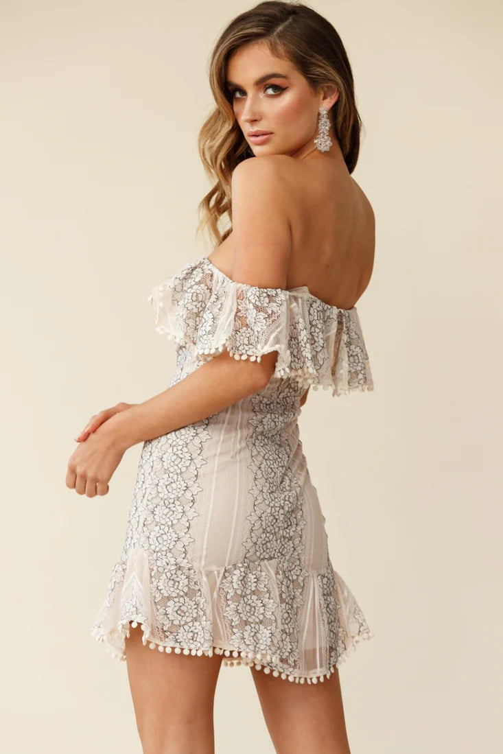 Marmont Off Shoulder Floral Lace Detail Dress Nude