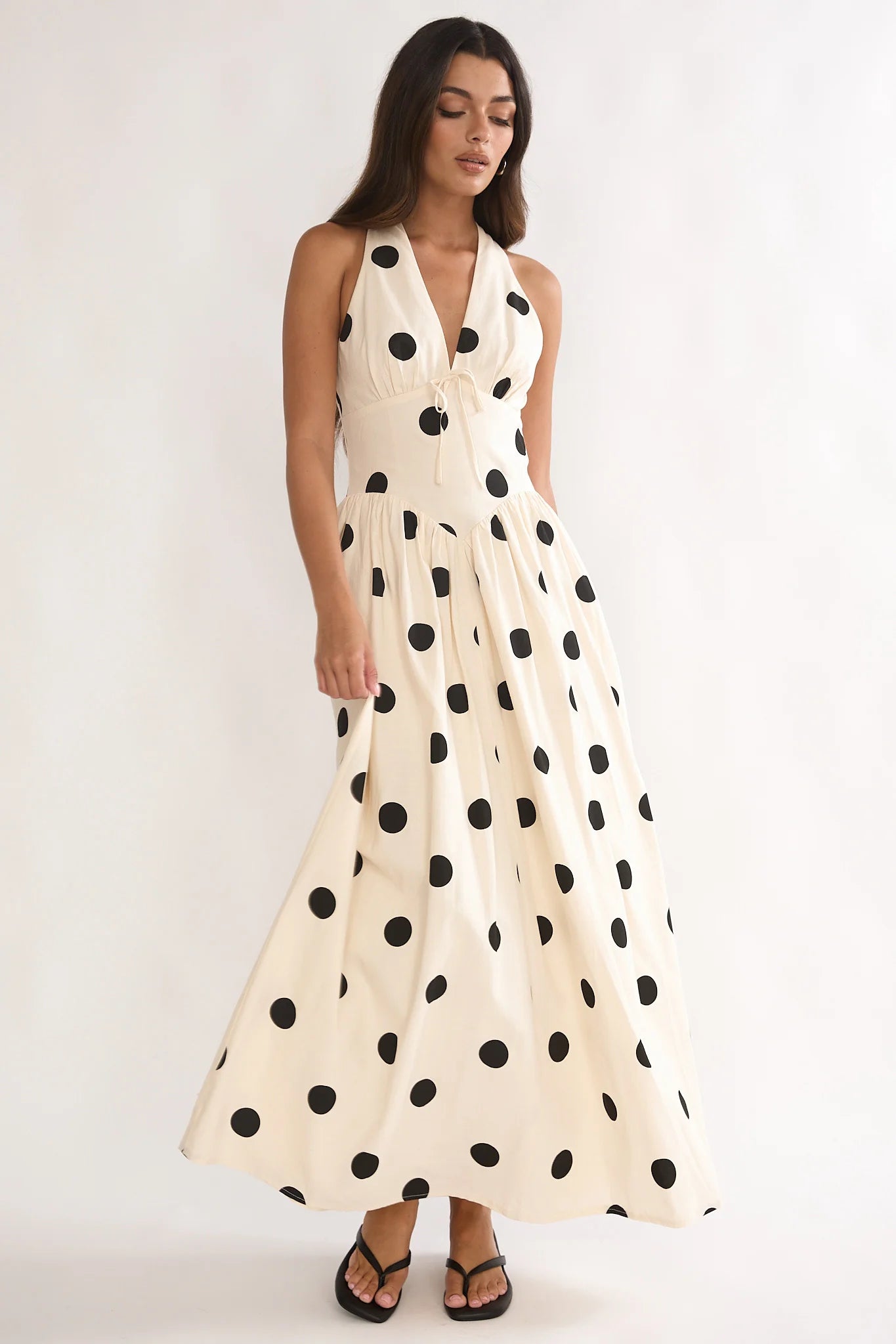 Sundrenched Halter Maxi Dress Polka Dot Beige