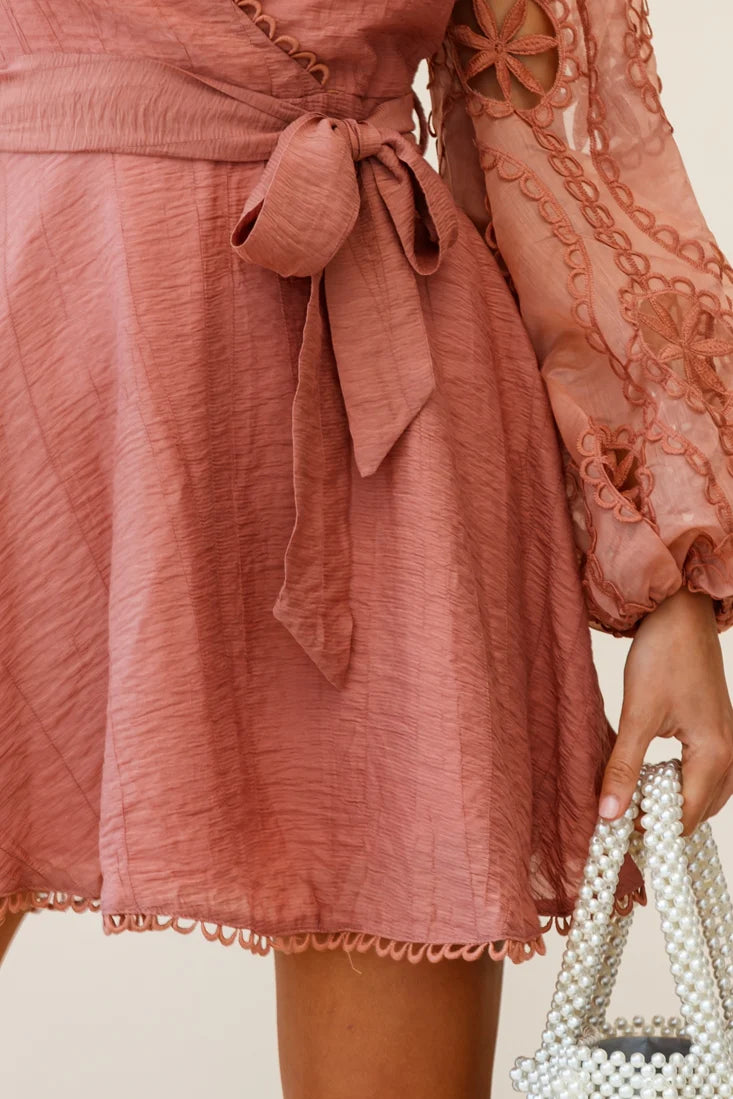Dali Embroidered Chiffon Balloon Sleeve Dress Rose