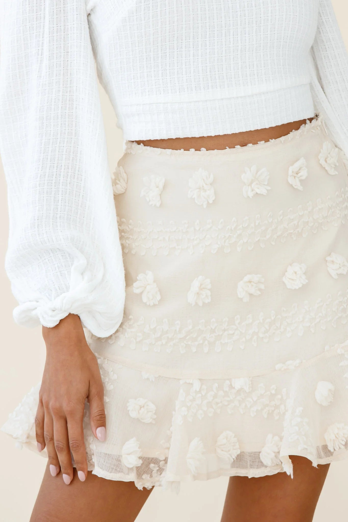 Savannah Floral Embellished Flounce Hem Mini Skirt Beige