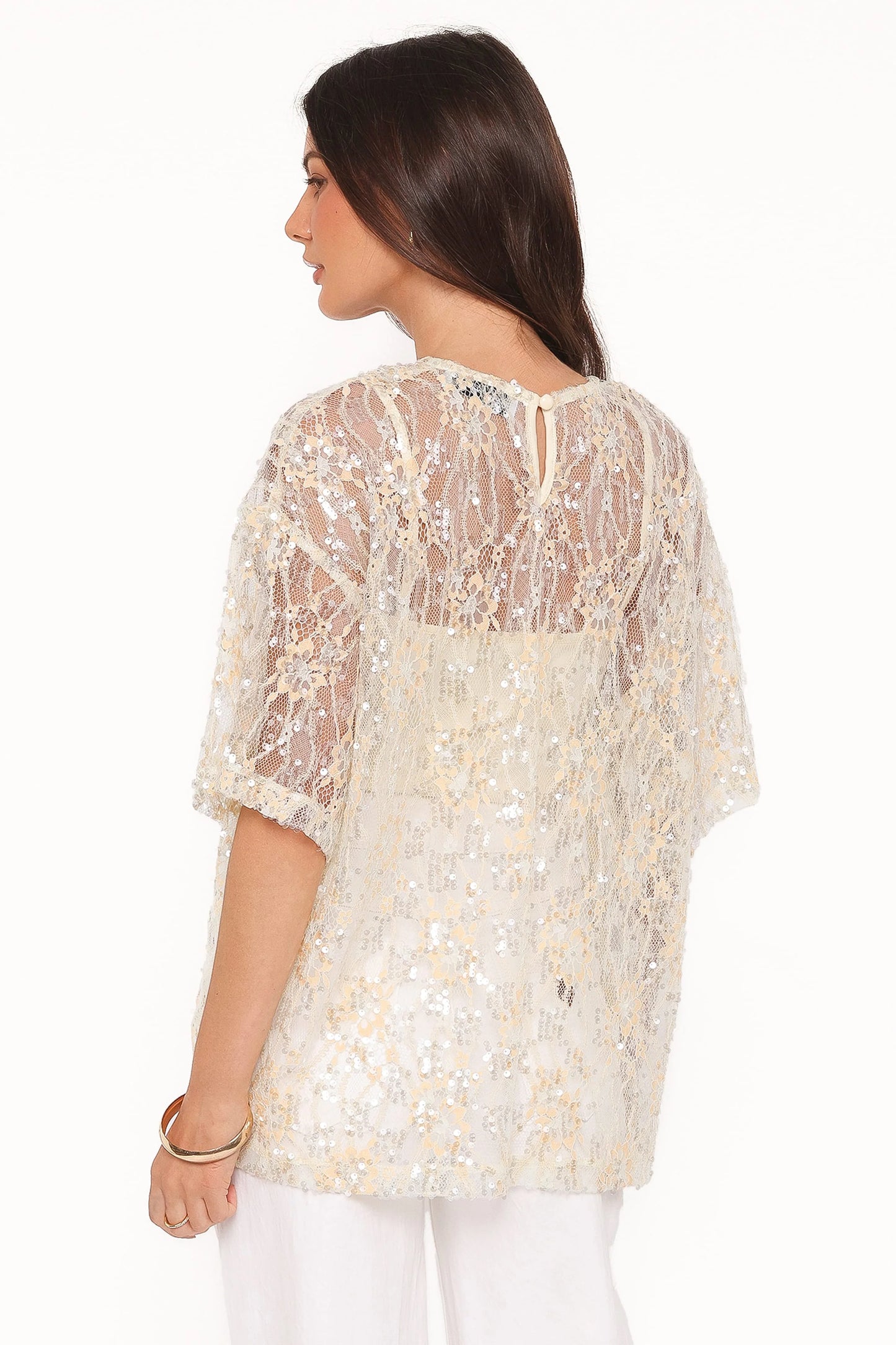 Yonder Sheer Lace Tee Top - Pale Yellow