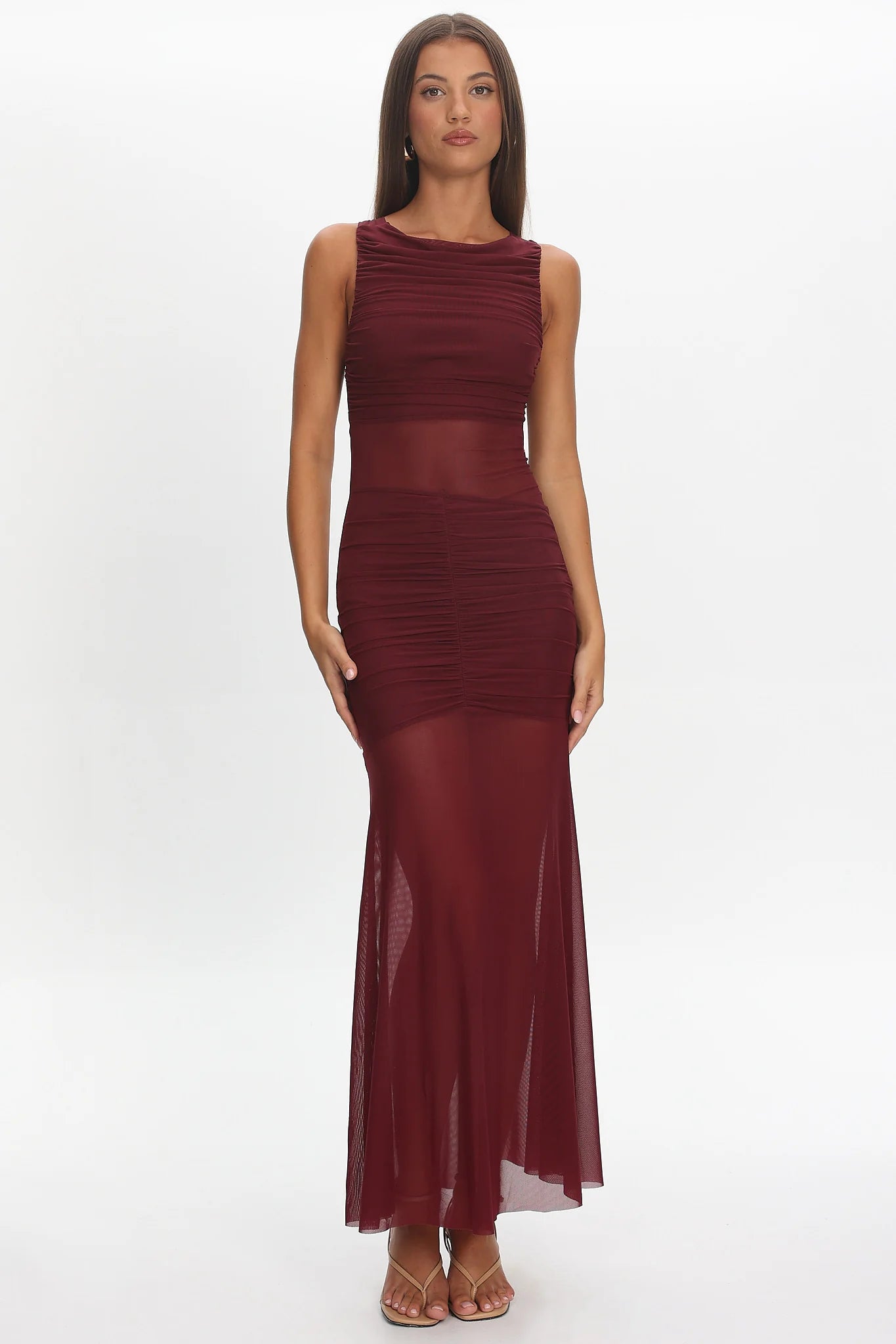 Sade Sheer Panel Ruched Maxi Dress Wine