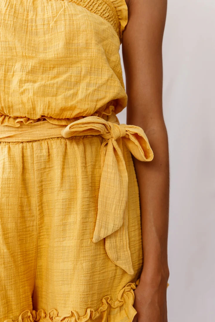 Stephy Frill-Trimmed Elasticated Strapless Romper Yellow