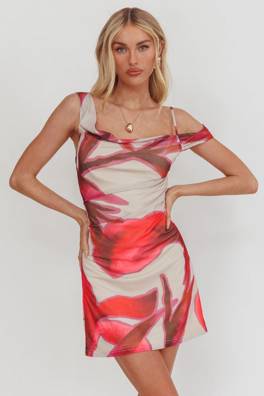 Riders Asymmetric Neckline Mini Dress Print Beige
