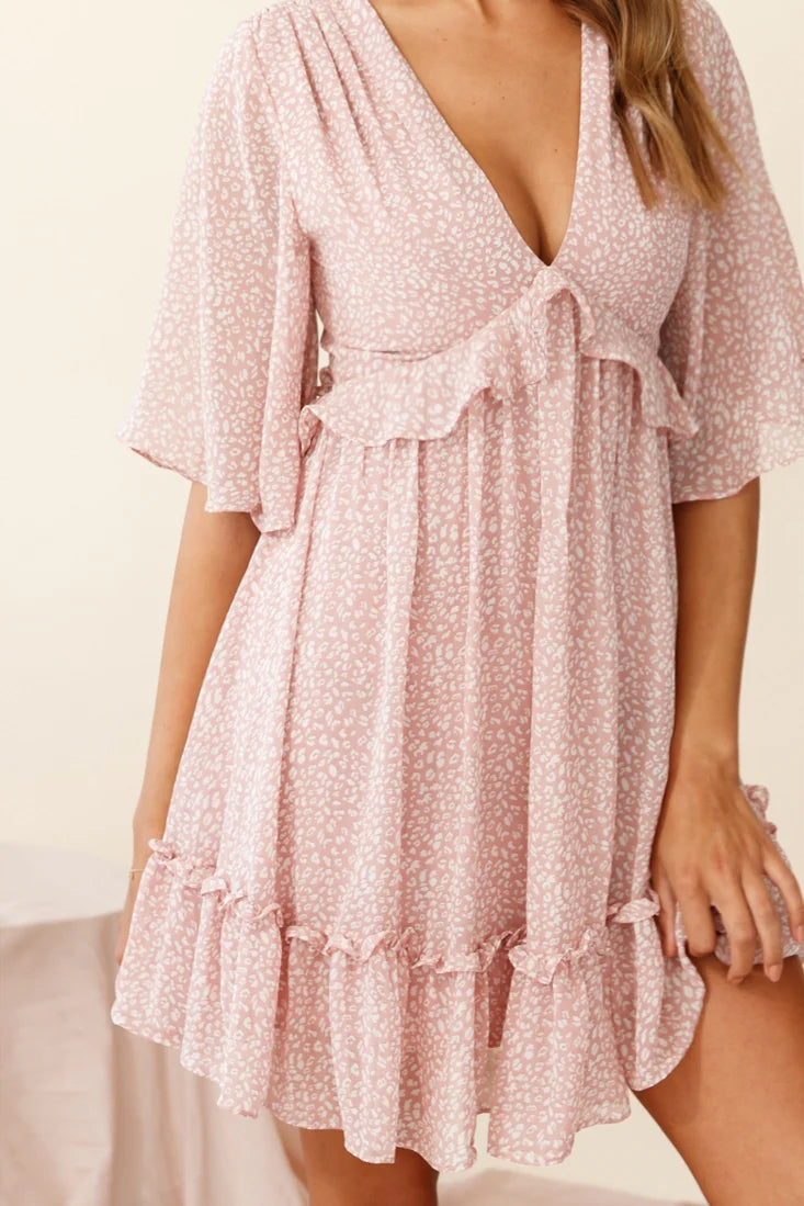Flissy Angel Sleeve Cut-Out Babydoll Dress Speckle Print Pink