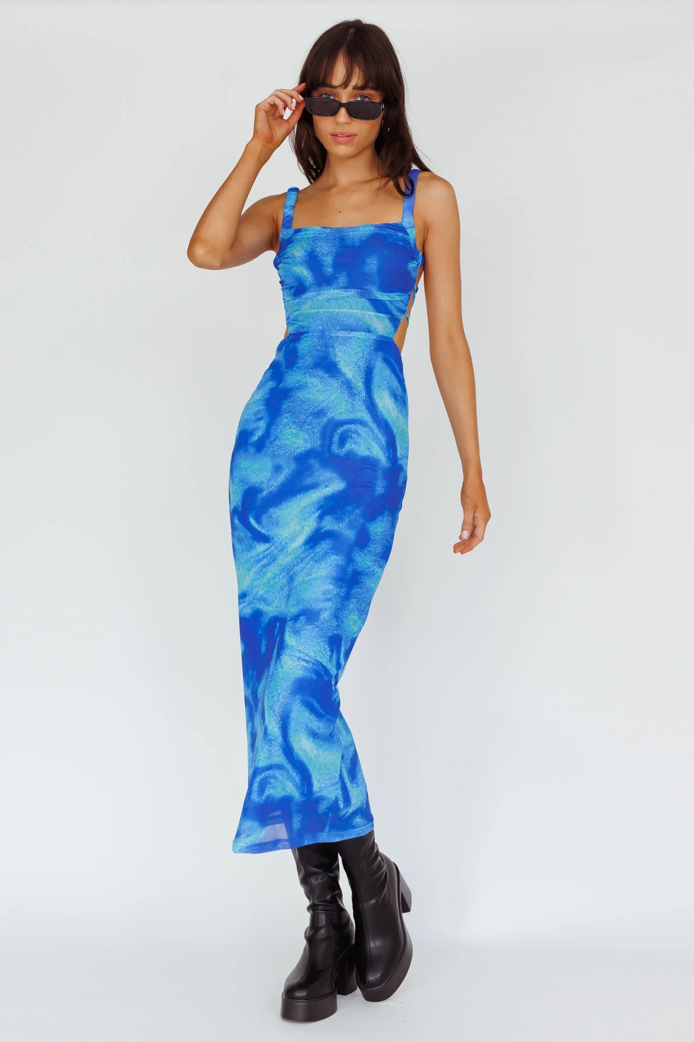 Dream Crush Lace-Up Back Side Split Maxi Dress Swirl Blue
