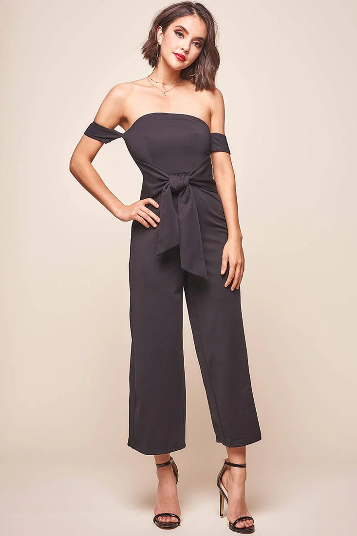 Joan Off Shoulder Waist Tie Wide Leg Jumpsuit Black