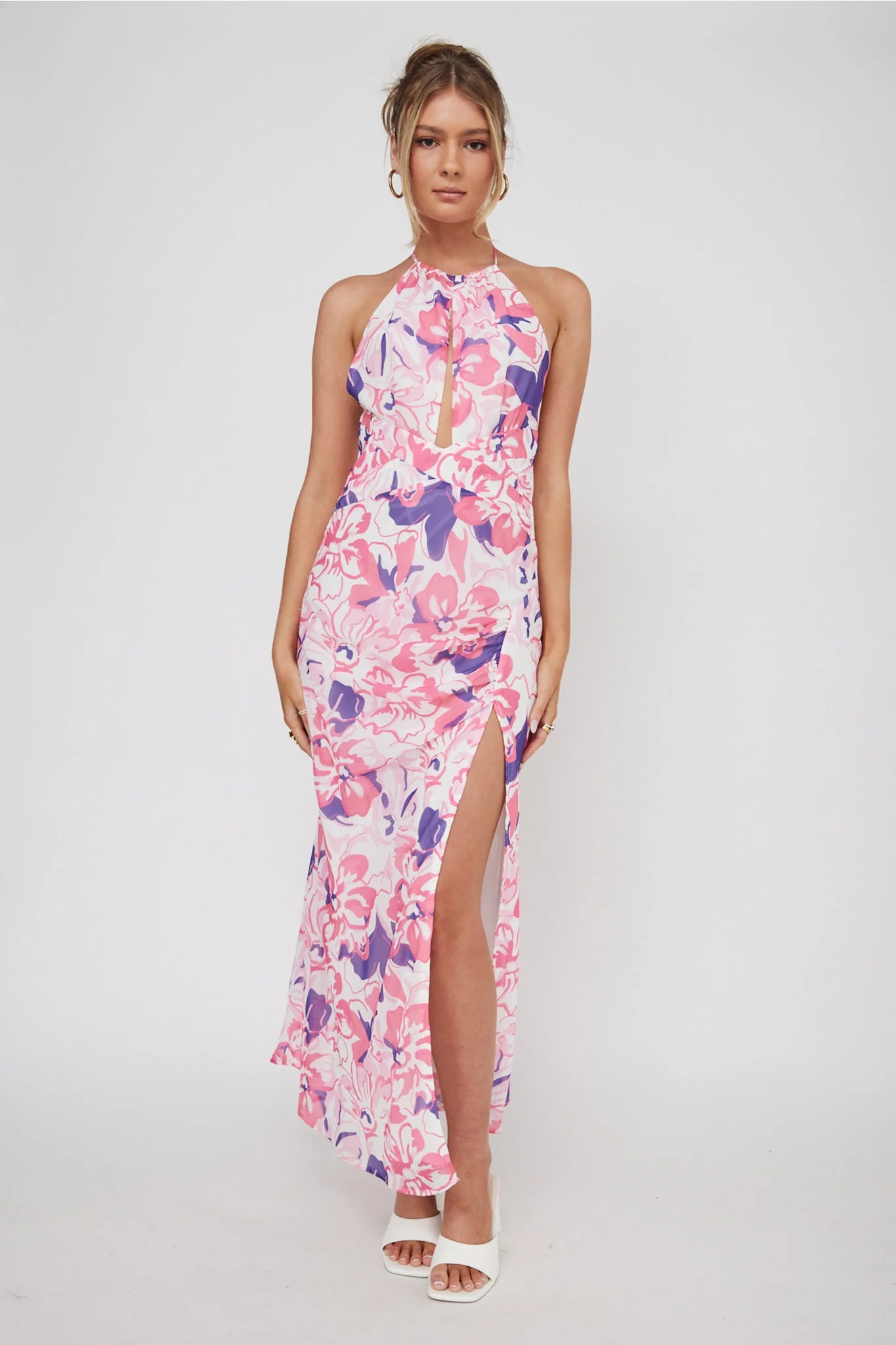 Nirvana Halterneck Split Midi Dress Floral Pink