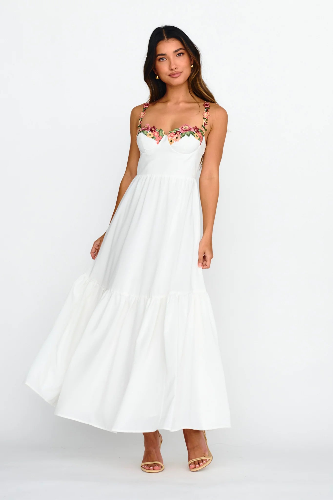 Rose Garden Floral Applique A-Line Midi Dress White
