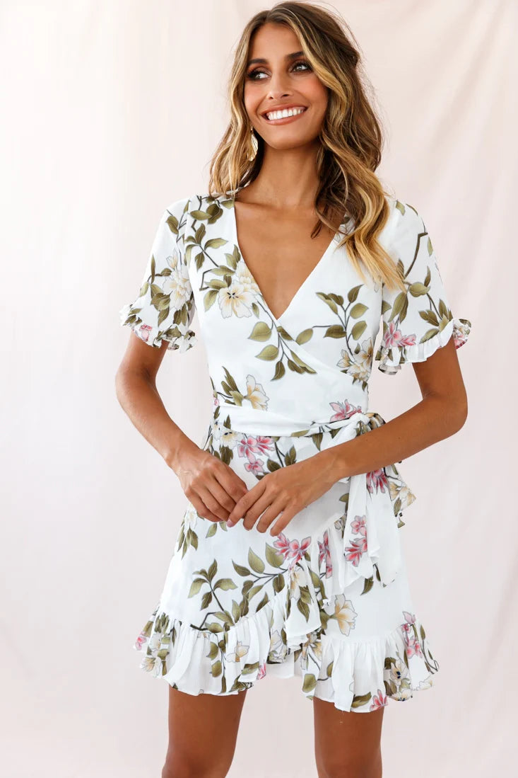 Omara Floral Wrap Ruffle Trim Dress White