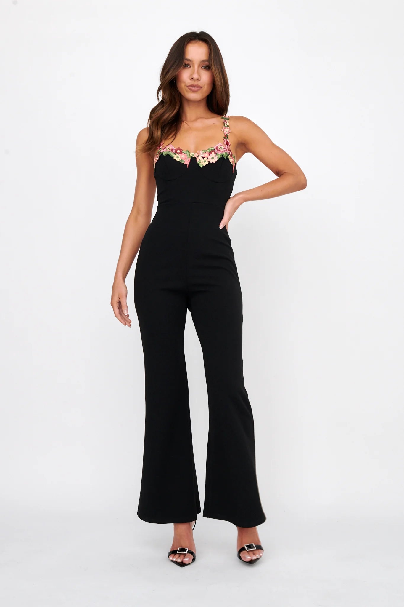 Rose Garden Floral Applique Jumpsuit Black