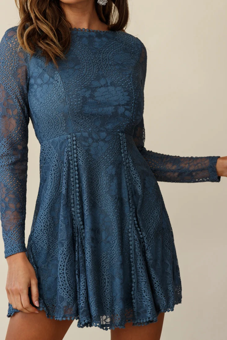 Palm Springs Lace Overlay Low Back Dress Midnight Blue