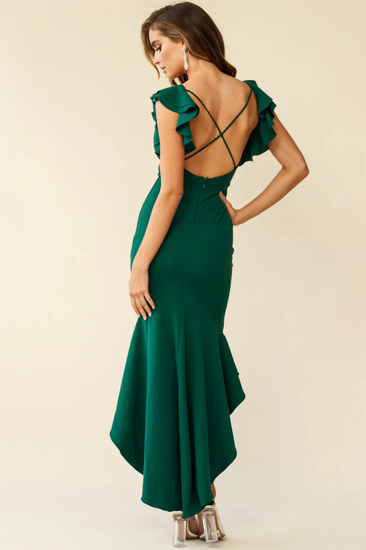 Pearl Ruffle Strap High-Low Hem Dress Forest Green