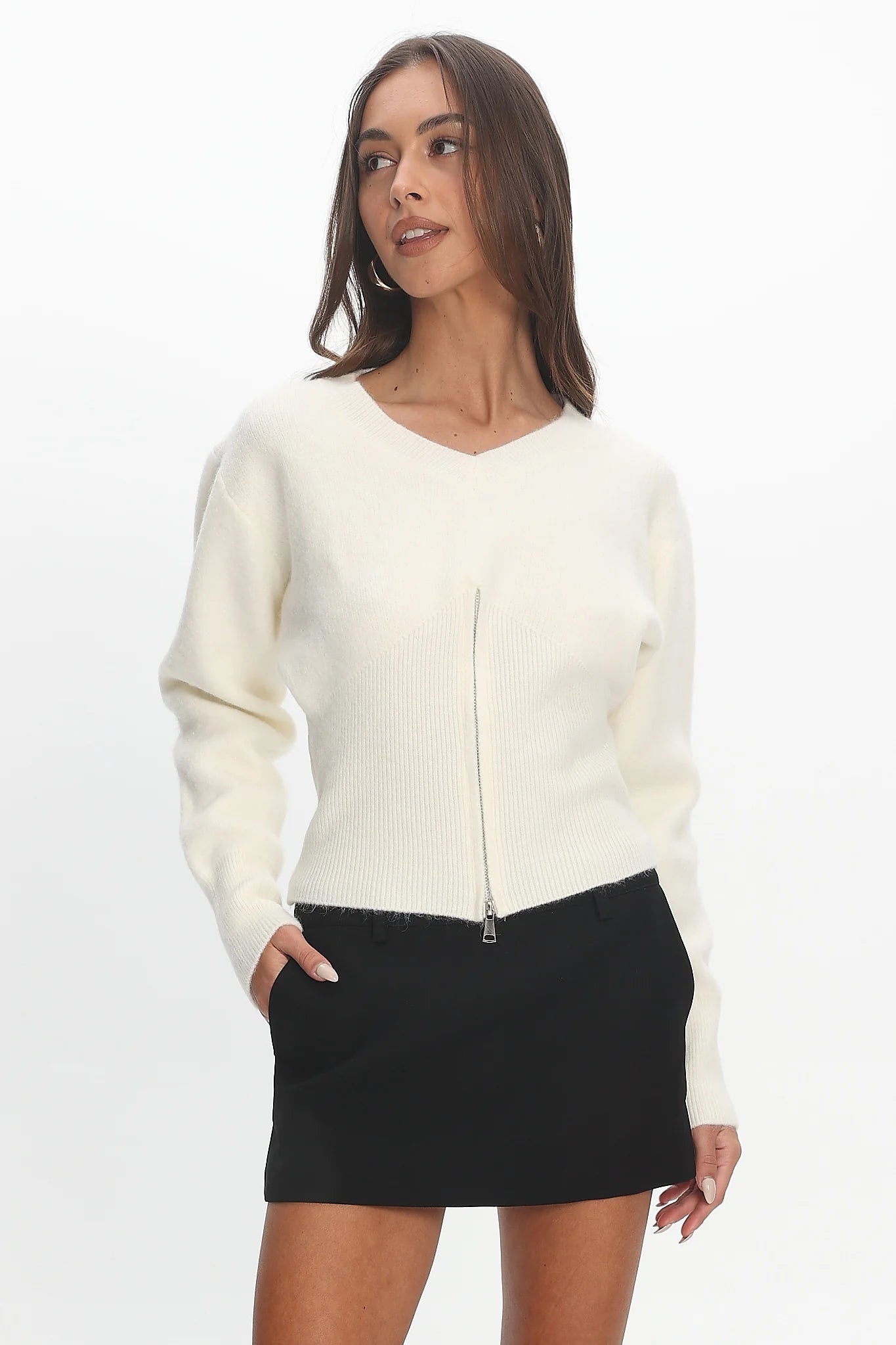 Karisa Zipper Hem Knit Top Cream