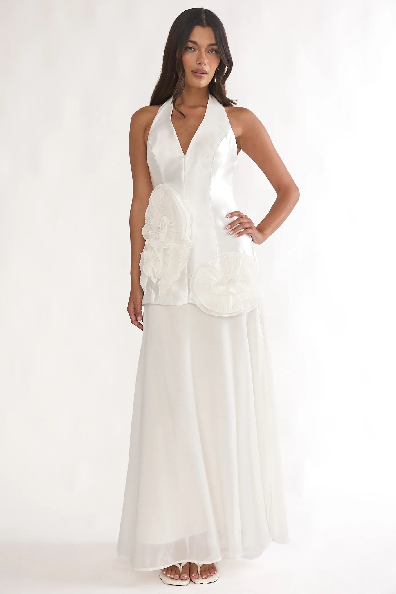 Elyria 3D Ruffle Halter Maxi Dress White