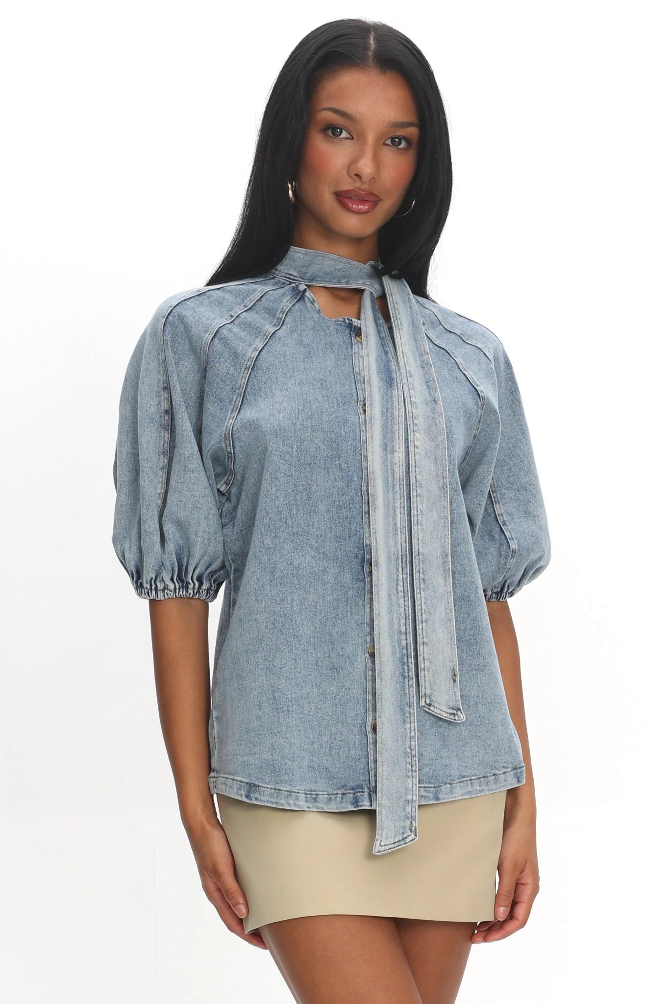 Notice Me Puff Sleeve Neck Bow Top Denim Blue